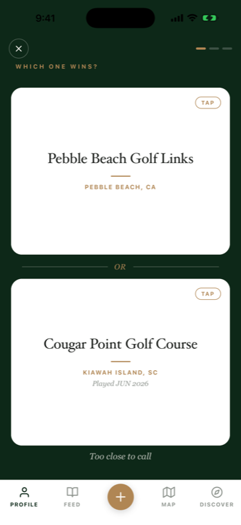 The head-to-head comparison screen: which course wins?